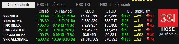 VN-Index tăng 6,26 điểm (0,54%) lên 1.175,62 điểm