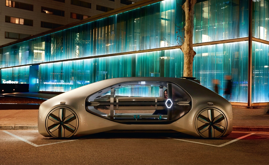 EZ-Go: robot-taxi của Renault Hãng Renault giới thiệu tại Triển lãm Geneve bản concept xe taxi tự lái. Lấy ý tưởng từ phim “ Lạc lối ở Tokyo” của Sofia Coppola, chiếc taxi tự lái này được đặt tên là EZ-Go với những chiếc tấm kính rộng và hàng ghế sau rộng rãi. Có tới 6 chỗ cho hành khách nhưng EZ-Go có kích thước của một chiếc sedan nhưng không có vô lăng, không bàn đạp, giống hoàn toàn một chiếc xe tự lái. Renault dự tính bắt đầu nhận đơn hàng cho xe này từ năm 2022. Photo: Renault