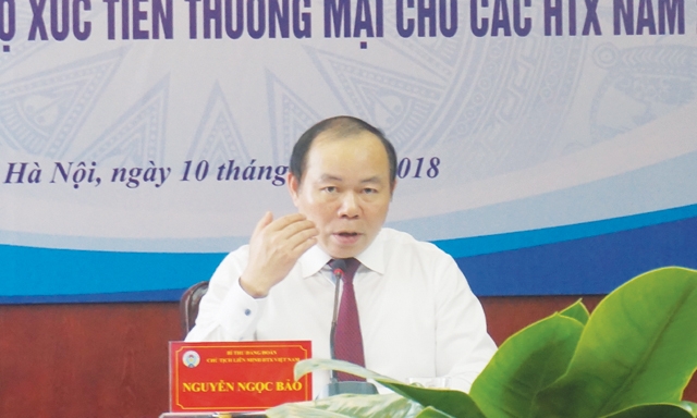 Chủ tịch Liên minh HTX Việt Nam Nguyễn Ngọc Bảo phát biểu trong buổi họp báo giới thiệu về Hội chợ