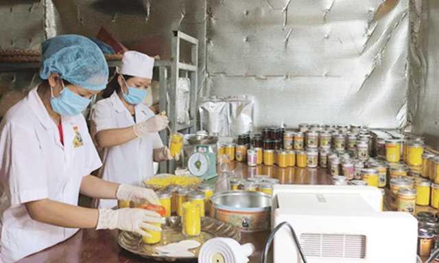 Thành viên HTX Tân Thành đóng gói sản phẩm tinh bột nghệ