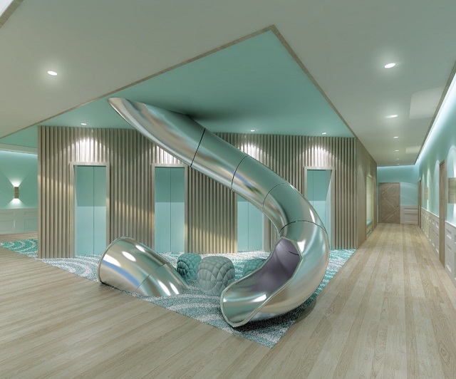 Phối cảnh cầu thang xoắn ốc nằm giữa các tầng căn hộ mang đến trải nghiệm di chuyển thú vị, mới lạ cho căn hộ nghỉ dưỡng Fusion Suites Vũng Tàu.