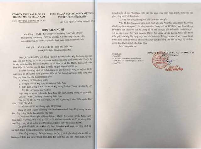 Đơn phản ánh của nhà thầu An Thuận Nam tố Công ty TNHH Xây dựng và Cầu đường Anh Tuấn gian lận hồ sơ dự thầu