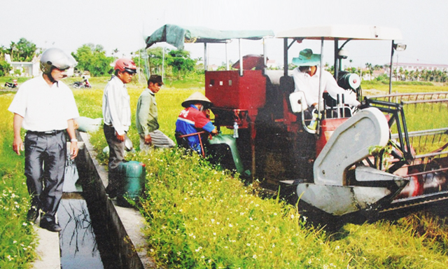 Lãnh đạo HTX đi kiểm tra hoạt động thu hoạch lúa bằng máy gặt