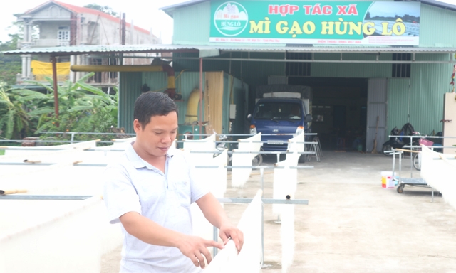 Giám đốc HTX mỳ gạo Hùng Lô Cao Đăng Duy kiểm tra sản phẩm đang phơi