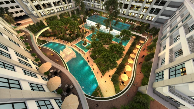 Với 40% diện tích dành cho cảnh quan cây xanh, Sunshine Garden như một khu vườn Âu giữa lòng phố thị, vừa cổ xưa, vừa hiện đại