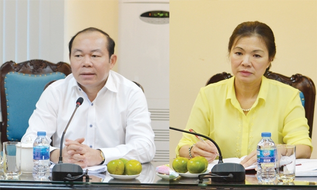 Chủ tịch Liên minh HTX Việt Nam Nguyễn Ngọc Bảo và Phó Chủ tịch Ủy ban Trung ương MTTQ Việt Nam Trương Thị Ngọc Ánh tại buổi làm việc