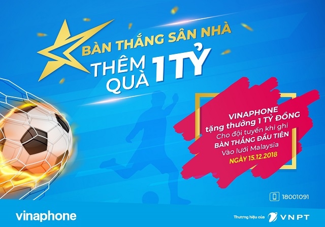 Vinaphone quyết định trao thưởng 1 tỷ đồng cho bàn thắng đầu tiên của đội tuyển Việt Nam trên sân Mỹ Đình ngày 15/12 tới