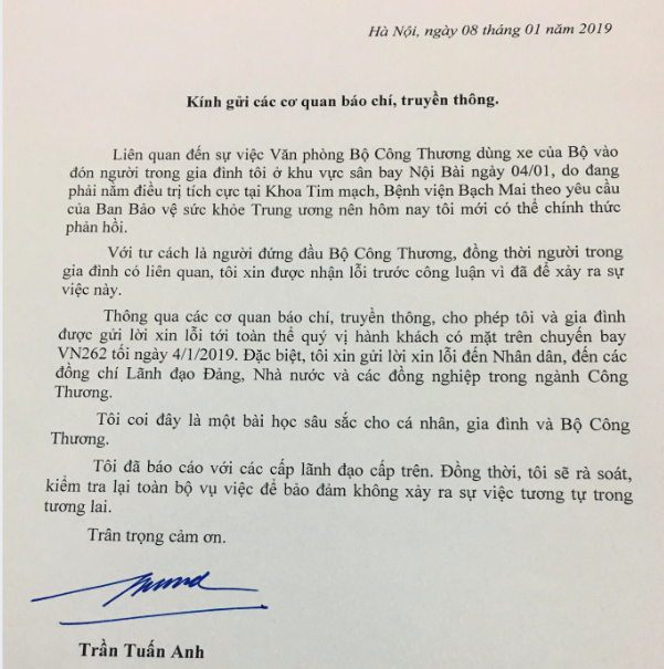 Bức thư xin lỗi của Bộ trưởng Bộ Công Thương Trần Tuấn Anh