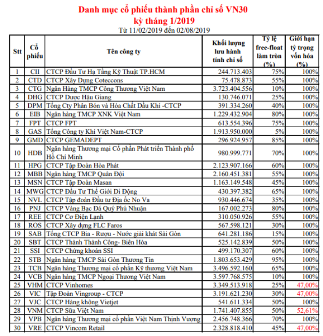 Danh mục cổ phiếu rổ VN30
