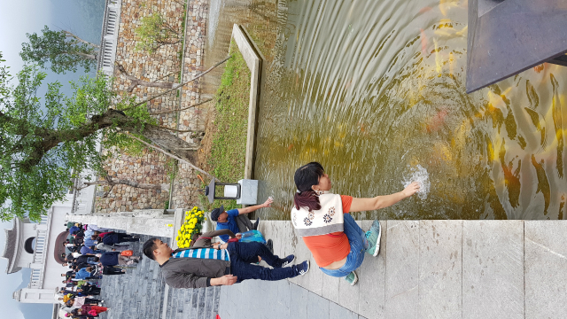 Du khách chơi đùa với cá, hai bên đường phong quang, sạch đẹp, quy hoạch khoa học là điều dễ nhận thấy khi đến mùa Lễ hội 2019 chùa Yên Tử