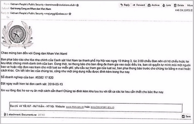 Hình ảnh tệp tin chứa mã độc đính kèm thư điện tử giả mạo