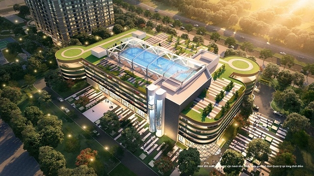 Bể bơi mái kính 4 mùa phong cách Olympic trên tầng mái nhà để xe với thiết kế mô đun trượt mở cùng cảnh quan sân vườn xanh mát (ảnh minh họa)