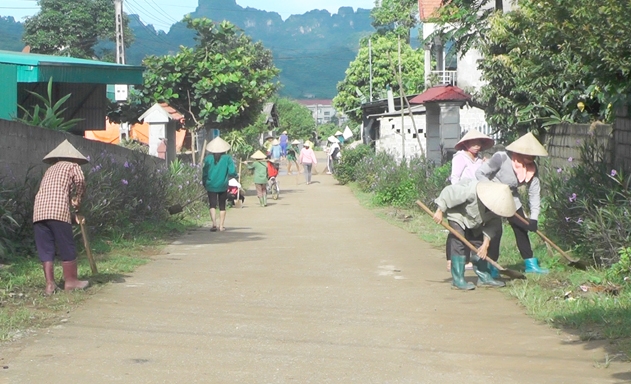 Thành viên HTX cùng người dân vệ sinh đường làng