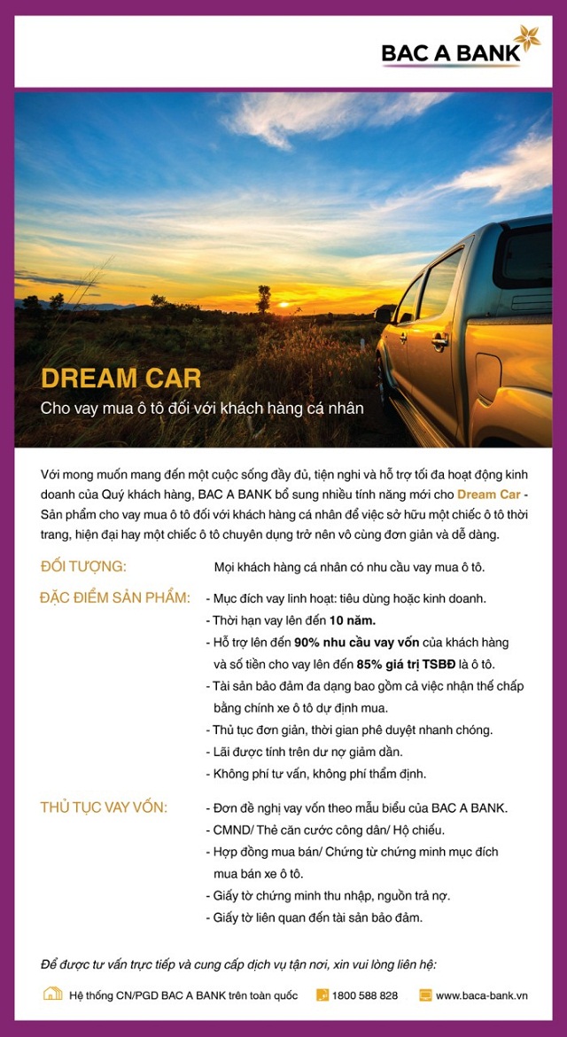 Gói cho vay mua ô tô đối với khách hàng cá nhân Dream Car của BAC A BANK hiện đang được nhiều khách hàng quan tâm lựa chọn