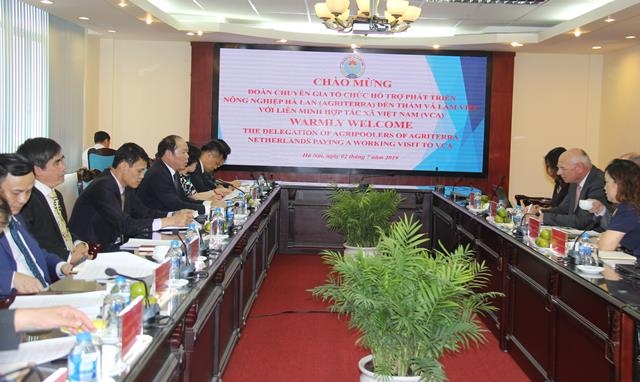 Quang cảnh buổi làm việc của Liên minh HTX Việt Nam với Đoàn chuyên gia tổ chức hỗ trợ phát triển nông nghiệp Hà Lan (Agriterra)