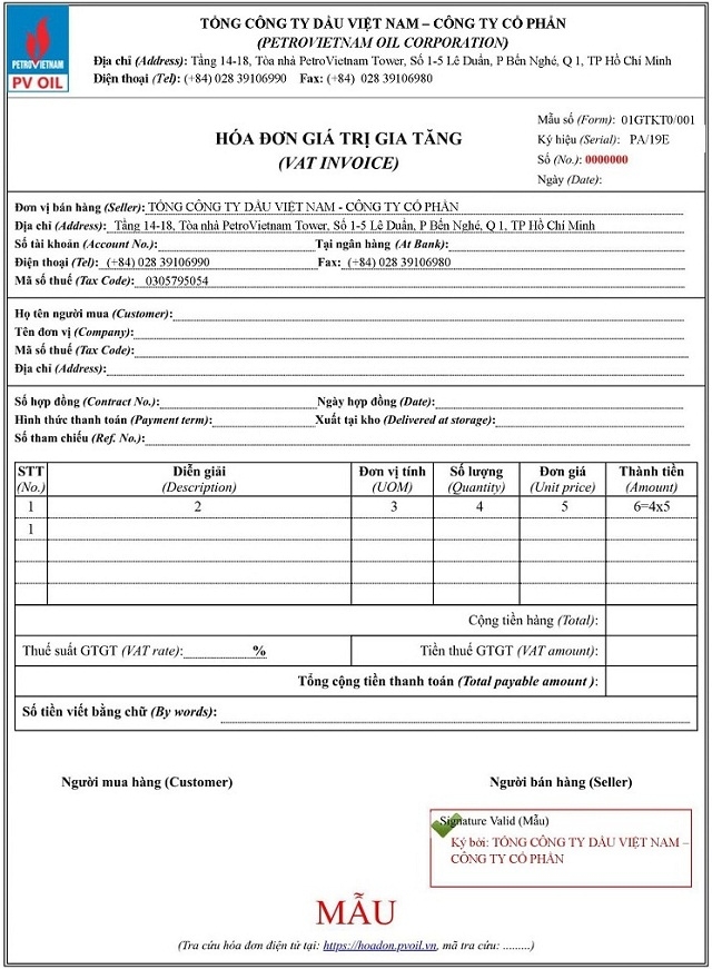 Một mẫu hóa đơn điện tử của PVOIL