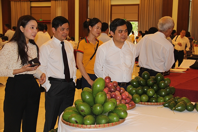 Phó Chủ tịch Liên minh HTX Việt Nam Nguyễn Văn Thịnh và các đại biểu thăm gian hàng hoa quả của HTX ở Sơn La.