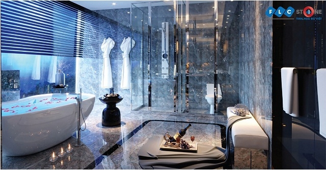 Phòng tắm ốp sàn và tường đá marble hồng xanh vân mây của FLC Stone là không gian tuyệt vời để thư giãn và giữ lửa hạnh phúc gia đình