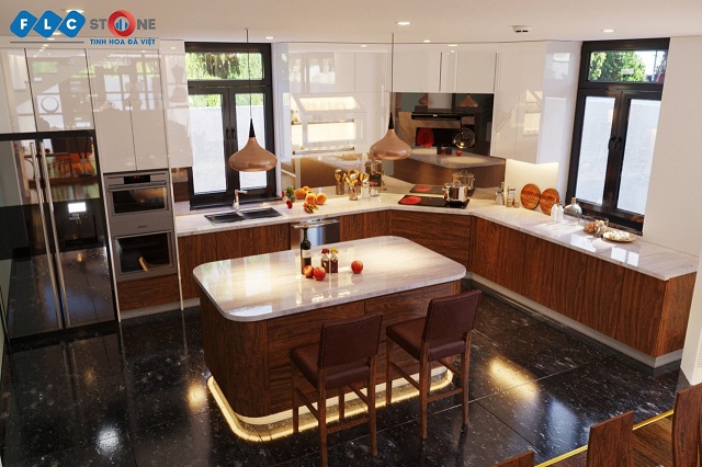 Mặt bàn ăn và bàn bếp ốp đá tự nhiên FLC Stone giúp dễ dàng lau chùi bề mặt