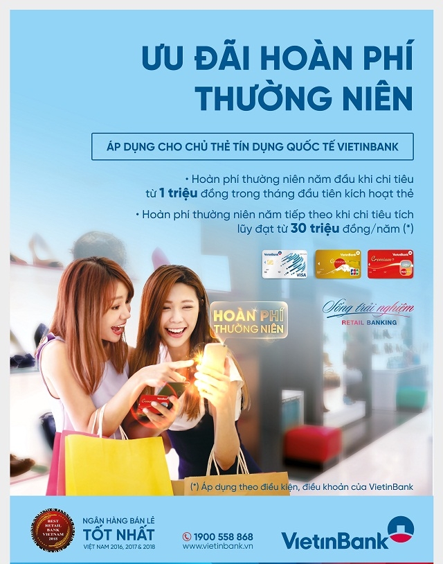 Ưu đãi hoàn phí thường niên cho chủ thẻ tín dụng quốc tế VietinBank