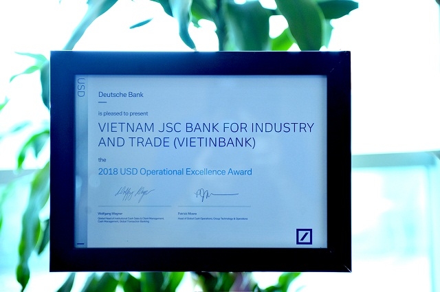 Giải thưởng ngân hàng có chất lượng thanh toán quốc tế xuất sắc 2018 của Deutsche Bank trao tặng VietinBank