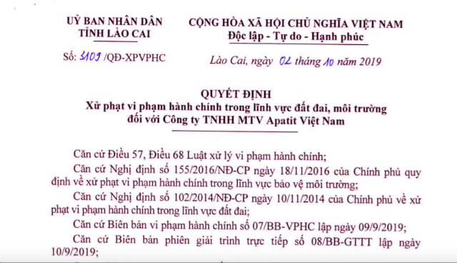Lào Cai vừa xử phạt Công ty TNHH MTV Apait Việt Nam