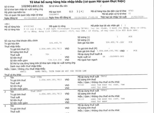 Volkswagen Việt Nam cho biết xe thuộc diện tạm nhập tái xuất , phục vụ mục đích trưng bày trong 5 ngày từ ngày 23/10 đến 27/10/2019.