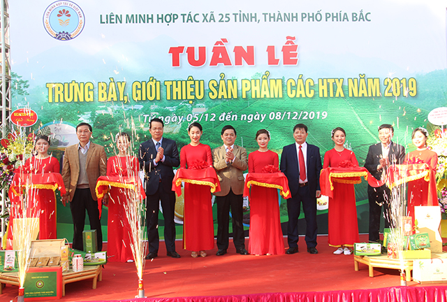 Phó Chủ tịch Liên minh HTX Việt Nam Nguyễn Văn Thịnh, Phó Chủ tịch UBND tỉnh Thái Nguyên Dương Văn Lượng và các đại biểu cắt băng khai mạc