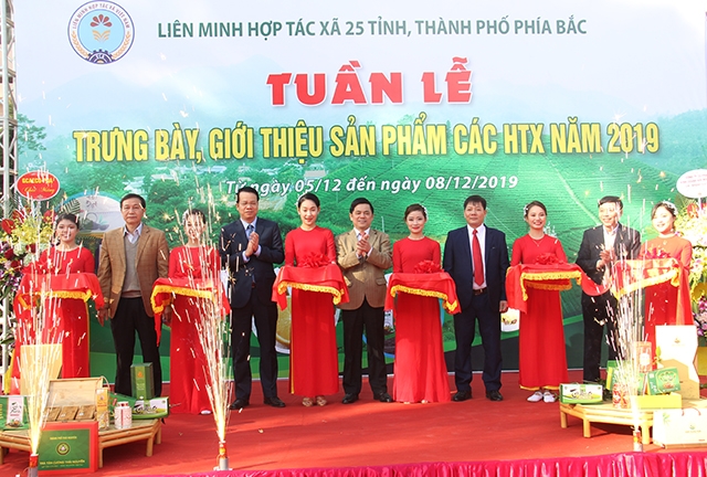 Phó Chủ tịch Liên minh HTX Việt Nam Nguyễn Văn Thịnh, Phó Chủ tịch UBND tỉnh Thái Nguyên Dương Văn Lượng và các đại biểu cắt băng khai mạc
