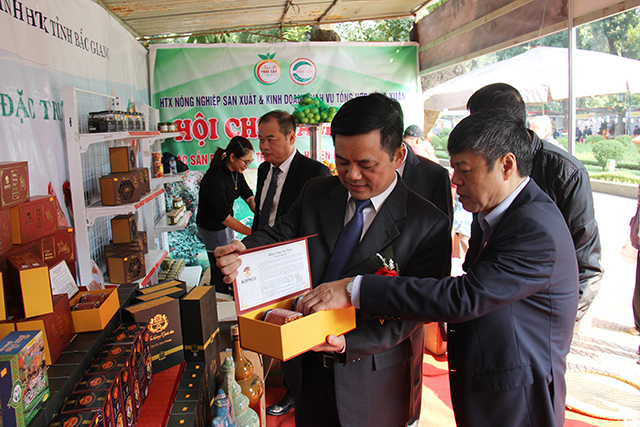 Phó chủ tịch Nguyễn Văn Thịnh thăm gian hàng sản phẩm Đông trùng hạ thảo của Công ty TNHH Nấm Dược liệu Adenco (Liên minh HTX Bắc Giang)