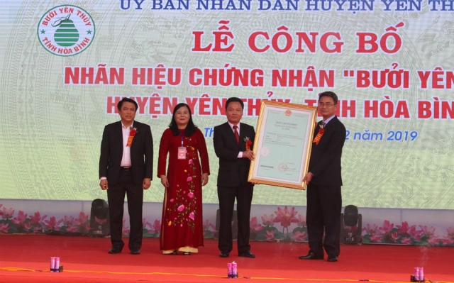 Cục trưởng Cục sở hữu trí tuệ (Bộ KH&CN) Đinh Hữu Phí trao Giấy chứng nhận nhãn hiệu Bưởi Yên Thuỷ” cho lãnh đạo UBND huyện Yên Thủy.