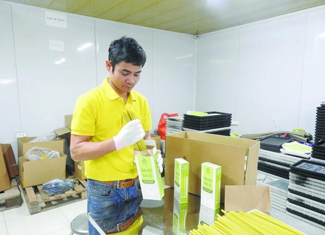 Giám đốc Lê Văn Tám bên sản phẩm ống hút thân thiện với môi trường