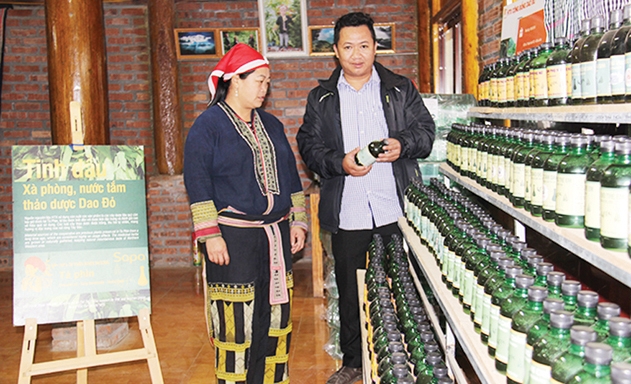 Chị Tẩn Tả Mẩy - Giám đốc HTX Cộng đồng Dao đỏ giới thiệu các bài thuốc quý cho du khách.