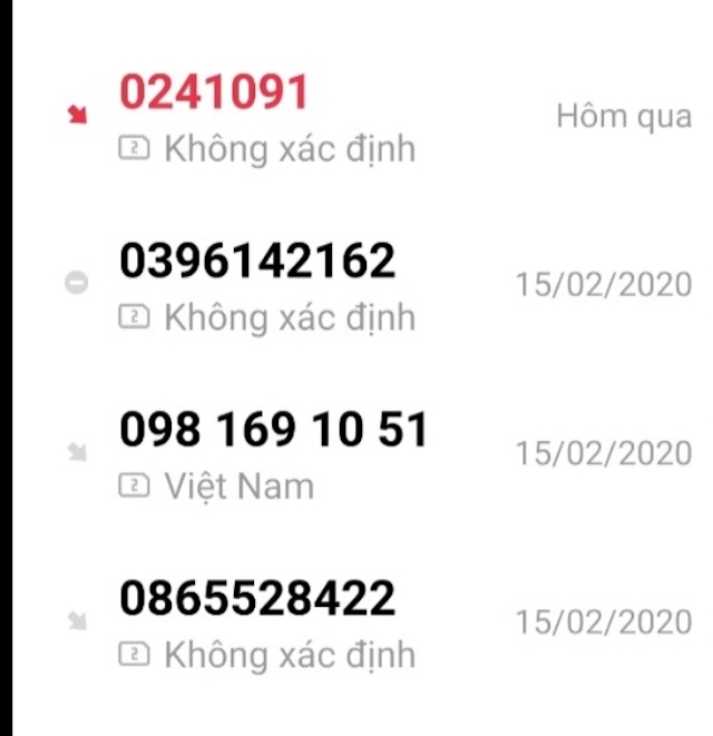 Ảnh chụp màn hình một số cuộc gọi đòi nợ vô cớ của công ty tài chính đến số thuê bao của anh Đ.L