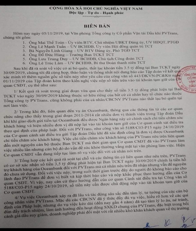 Biên bản sự việc của PVTrans