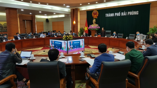 Toàn cảnh Hội nghị báo cáo tình hình chống dịch tại hệ thống cảng biển Hải Phòng.