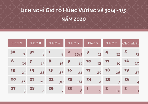 Người lao động được nghỉ ngày Giỗ Tổ Hùng Vương và dịp 30/4 - 1/5 năm 2020