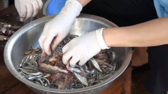 Sơ chế xong, cá được tẩm ướp các gia vị và đem phơi khô