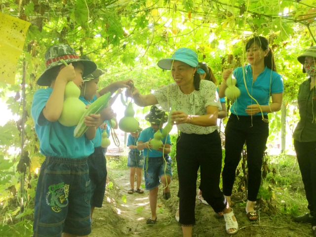Trải nghiệm làm nông dân nhí của các em học sinh tại trang trại của HTX Nông nghiệp Hoa Sen