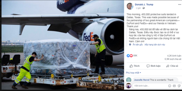 Tổng thống Mỹ cảm ơn về 450.000 bộ quần áo bảo hộ (Ảnh Internet)