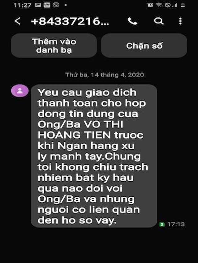 Tin nhắn đòi nợ có nội dung đe doạ khách hàng.