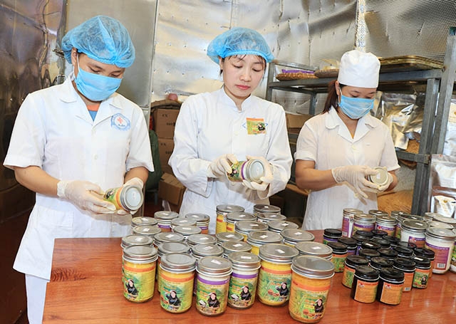 Lao động được đào tạo nghề sản xuất tinh bột nghệ.