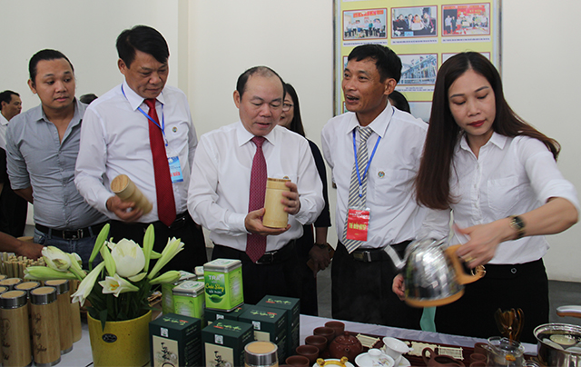 Ông Nguyễn Ngọc Bảo khảo sát gian hàng trưng bày sản phẩm tiêu biểu của các HTX tỉnh Phú Thọ trong khuôn viên Đại hội.