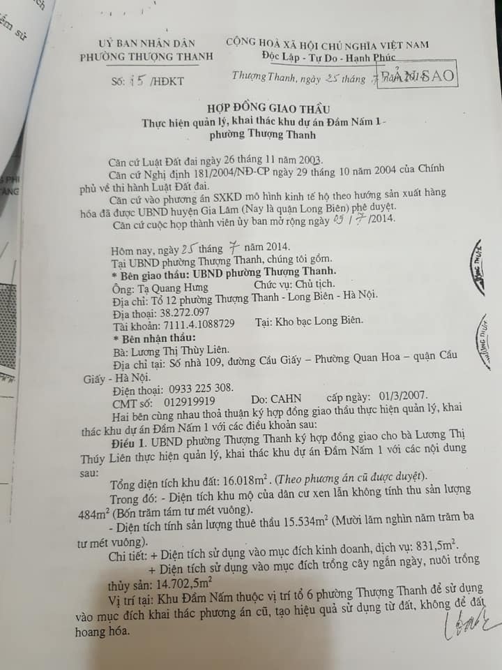 Hợp đồng giao thầu giữa UBND phường Thượng Thanh và bà Lương Thị Thuỳ Liên từ năm 2014