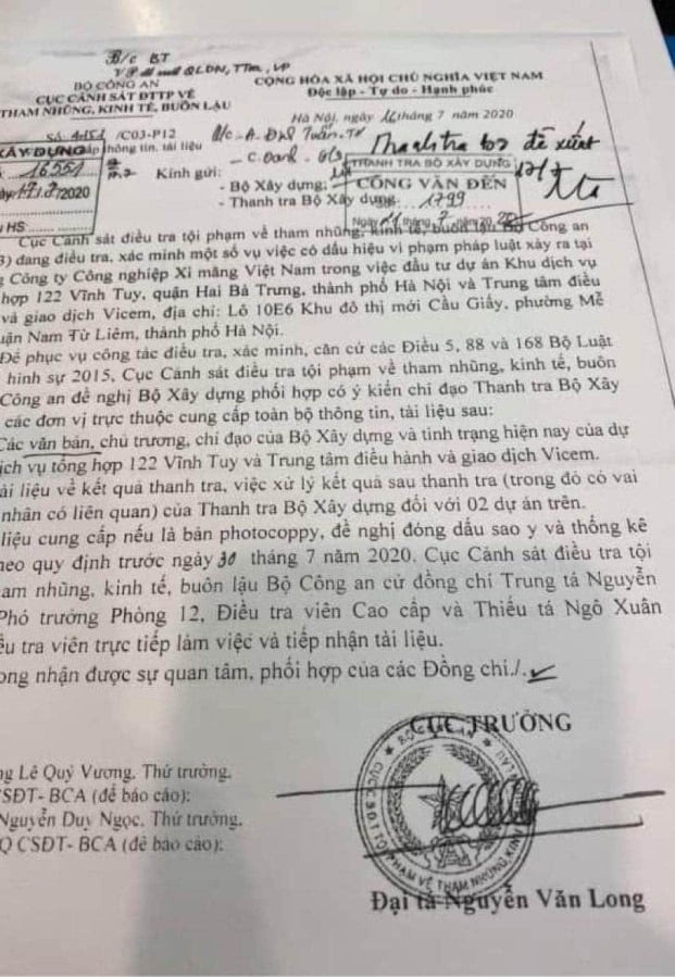 Công văn của Bộ công an đề nghị Bộ Xây dựng phối hợp và có ý kiến chỉ đạo Thanh tra Bộ Xây dựng cung cấp thông tin tài liệu