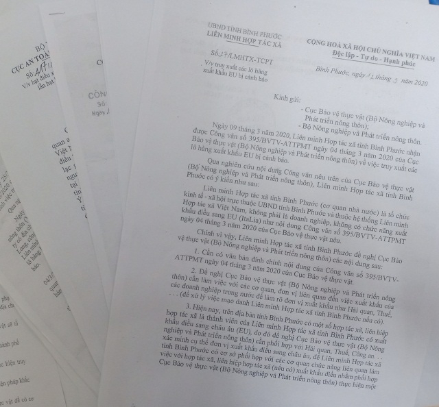 Công văn đề nghị đính chính của Liên minh HTX tỉnh Bình Phước gửi Cục Bảo vệ thực vật.