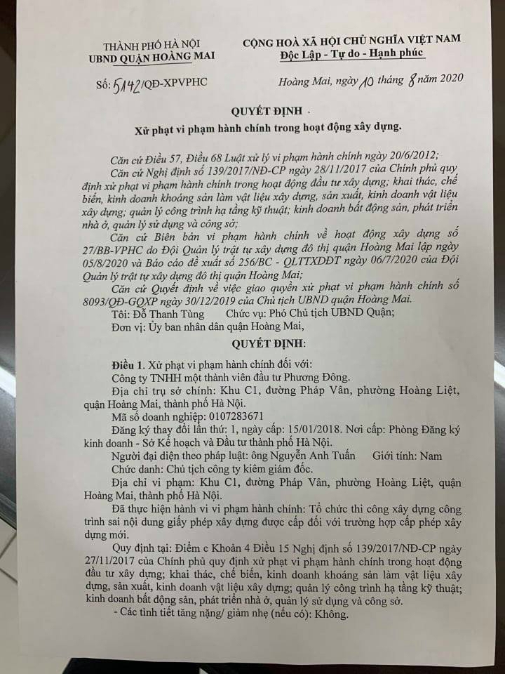 UBND quận Hoàng Mai đã xử phạt hành chính 40 triệu đồng.
