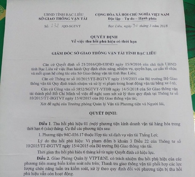 Quyết định thu hồi phù hiệu của Sở GTVT đối với HTX Thắng Lợi có đúng quy định của pháp luật?