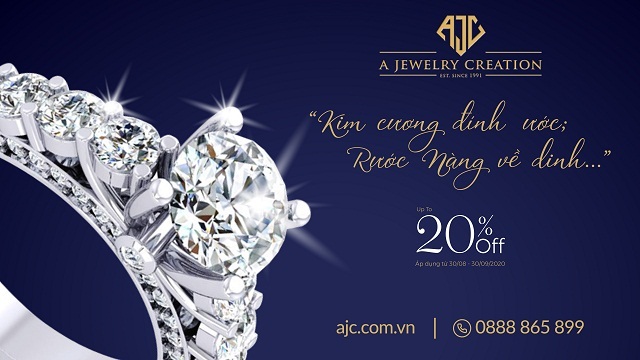 AJC gửi tặng ưu đãi lên tới 20% cho các đơn hàng nhẫn cưới, trang sức kim cương và trang sức đá quý, trang sức Treasure by AJC.