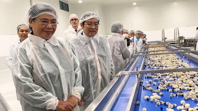 Nhà máy chế biến hoa quả tươi vào thảo dược Vân Hồ khánh thành ngày 20/9 là tin vui với hàng vạn hộ nông dân Sơn La. (Ảnh: Bà Tòng Thị Phóng - Phó Chủ tịch thường trực Quốc hội cùng ông Phan Đình Trạc - Trưởng ban Nội chính Trung đi thăm dây chuyền sản xuất của Nhà máy tại sự kiện khánh thành.